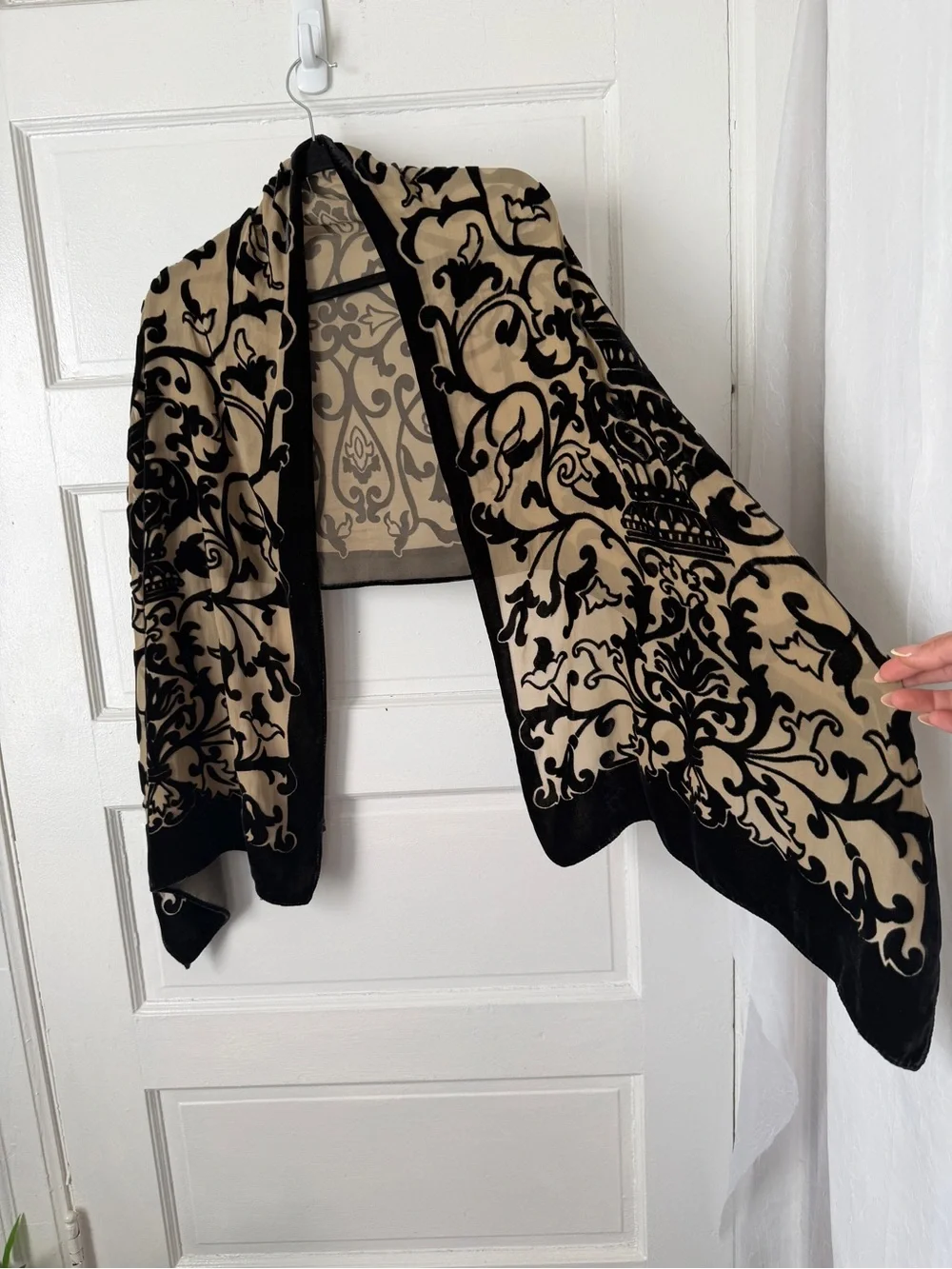 Silk Blend Velvet Burnout Scarf Wrap Beige & Black Damask Paisley Print Regal